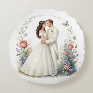 Romantic Bride Groom Floral Elegant Wedding Couple Round Pillow