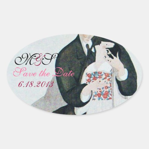 ROMANTIC BRIDE  GROOM SAVE DATE OVALE MONOGRAM OVAL STICKER