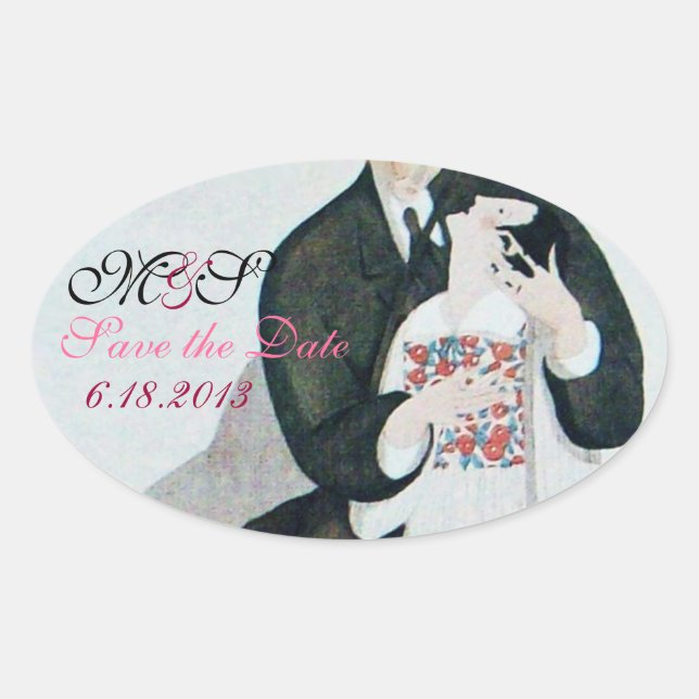 ROMANTIC BRIDE & GROOM SAVE DATE OVALE MONOGRAM OVAL STICKER (Front)