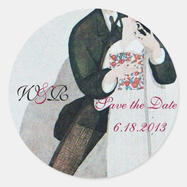 ROMANTIC BRIDE & GROOM SAVE THE DATE MONOGRAM CLASSIC ROUND STICKER (Front)