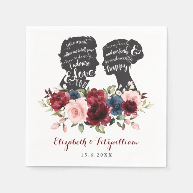 Romantic Bride Groom Silhouettes Floral Wedding Napkins (Front)