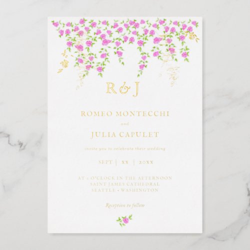 Romantic Bright Pink Floral Front and Back Wedding Foil Invitation