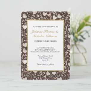 Romantic Brown Cream Hearts Wedding Invitation