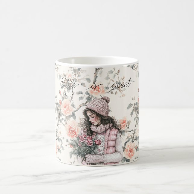 Romantic Brown Hair Girl Peach Roses Floral Coffee Mug (Center)