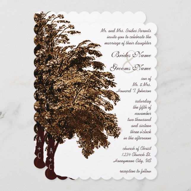 Romantic Brown Oak Tree Wedding Invitation (Front/Back)