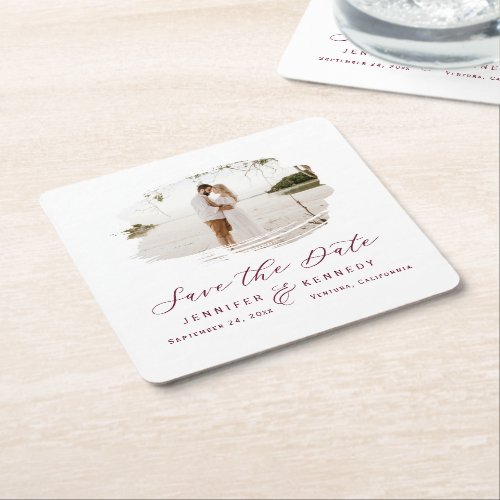 Romantic Brushed Frame Burgundy Save the Date Square Paper Coaster
