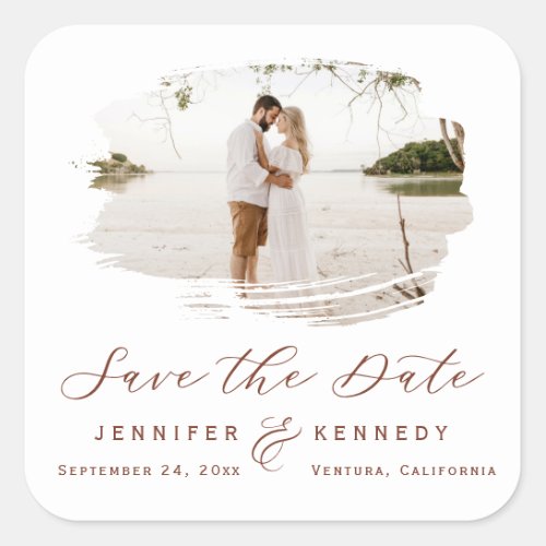 Romantic Brushed Frame Burnt Sienna Save the Date Square Sticker