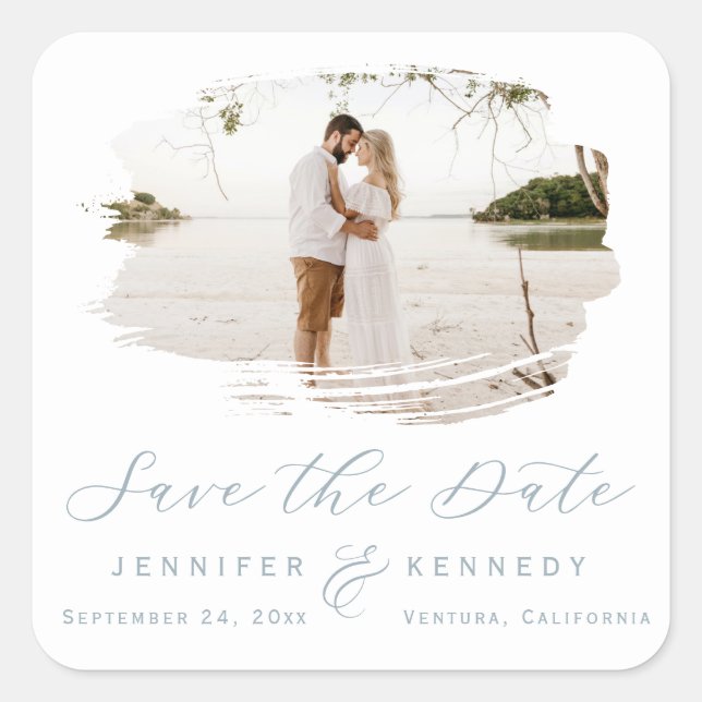 Romantic Brushed Frame Dusty Blue Save the Date Square Sticker (Front)