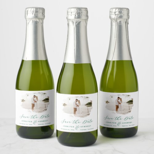 Romantic Brushed Frame Emerald Green Save the Date Sparkling Wine Label