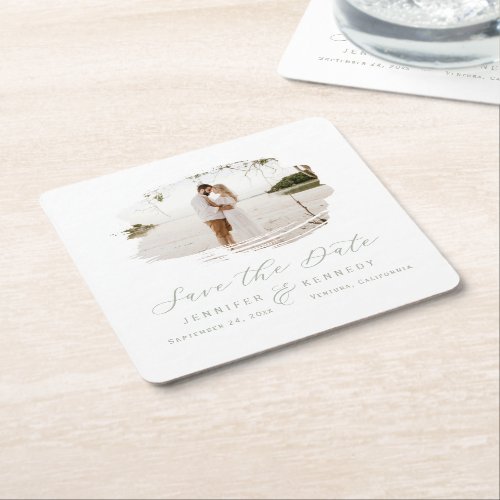 Romantic Brushed Frame Sage Green Save the Date Square Paper Coaster