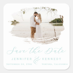 Romantic Brushed Frame Spa Blue Save the Date Square Sticker