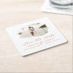Romantic Brushed Frame Terracotta Save the Date Square Paper Coaster<br><div class="desc">Terracotta Romantic Brushed Frame with Photo Chic Save the Date Coasters. With luxury marble texture back,  elegant calligraphy Script font plus slim line serif! Edit yours today with your names,  date and photo!

~ Check my shop to see the entire wedding suite for this design!</div>
