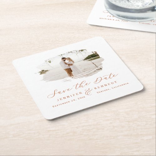 Romantic Brushed Frame Terracotta Save the Date Square Paper Coaster