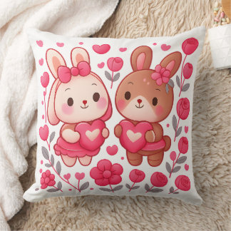 Romantic Bunny Couple Heart Throw Pillow