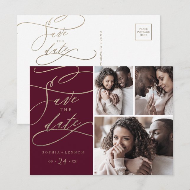 Romantic Burgundy 3 Photo Save the Date Invitation Postcard (Front/Back)