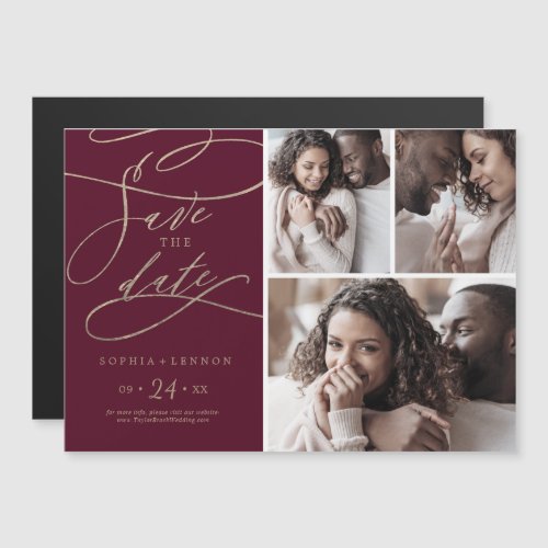 Romantic Burgundy 3 Photo Save the Date Magnetic Invitation