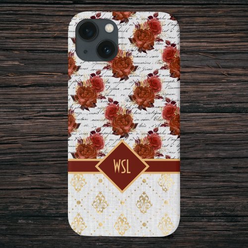 Romantic Burgundy and Blush Roses on Gold Damask iPhone 13 Case