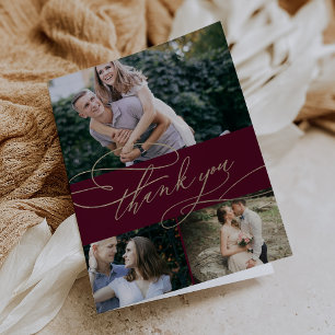 Romantic Burgundy and Gold 3 Photo Collage Wedding Letterpress Thank You Card