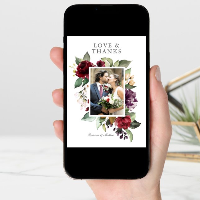 Romantic Burgundy and Plum Floral Photo Thank You Card (Front Digital)