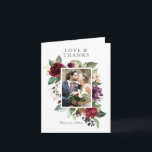 Romantic Burgundy and Plum Floral Photo Thank You Card<br><div class="desc">Gorgeous rich colors of burgundy red, plum purple, and hunter green highlight this uniquely beautiful watercolor floral wedding thank you card. It has a photo template for adding a favorite wedding photo or other desired photo. Your text is framed in romantic splendor with roses and mixed blossoms with lush greenery....</div>
