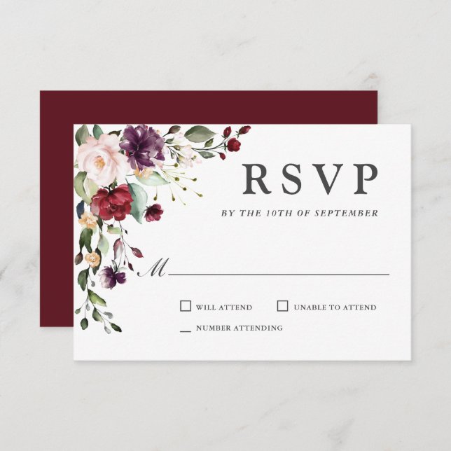 Romantic Burgundy and Plum Floral Wedding RSVP (Front/Back)
