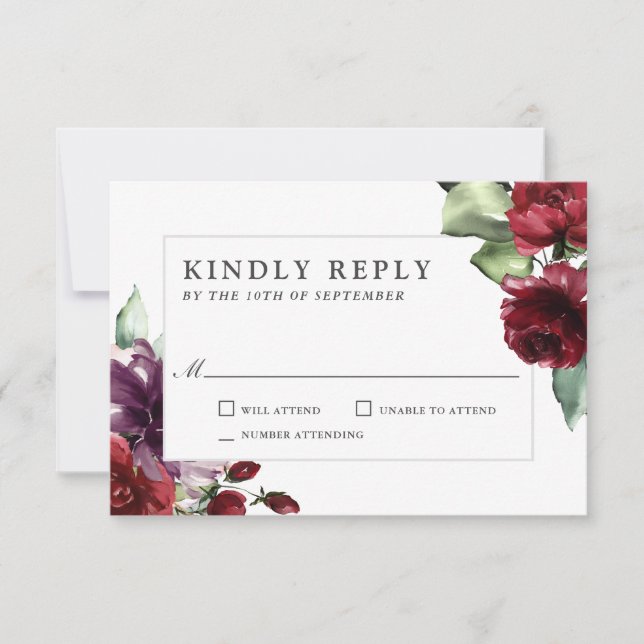 Romantic Burgundy and Plum Floral Wedding RSVP (Front)