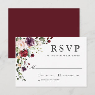 Romantic Burgundy and Plum Floral Wedding RSVP Card