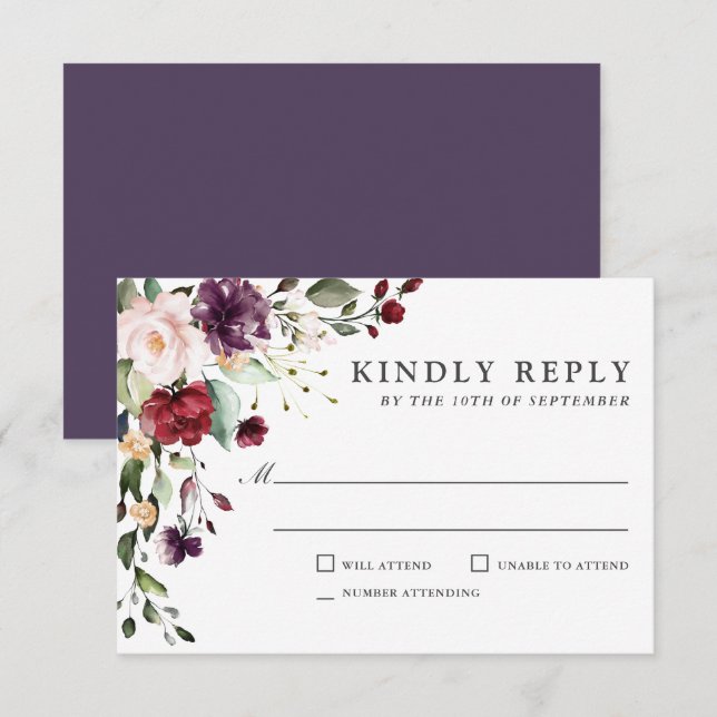 Romantic Burgundy and Plum Floral Wedding RSVP Card (Front/Back)