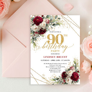 Romantic Burgundy and White Floral 90th Birthday  Invitation