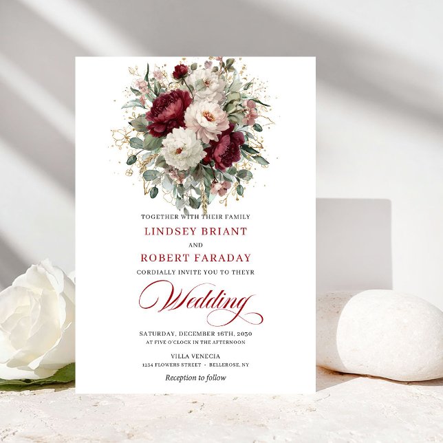 Romantic Burgundy and White Flowers Wedding Invite (Romantic Burgundy and White Flowers Wedding Invite)