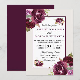 Romantic Burgundy Berry Flowers Elegant Wedding Invitation
