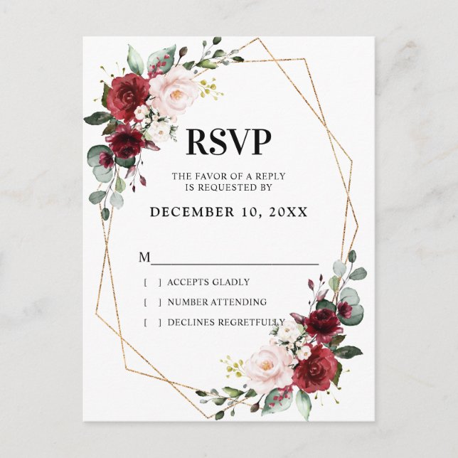 Romantic Burgundy Blush Botanical Geometric RSVP Postcard (Front)