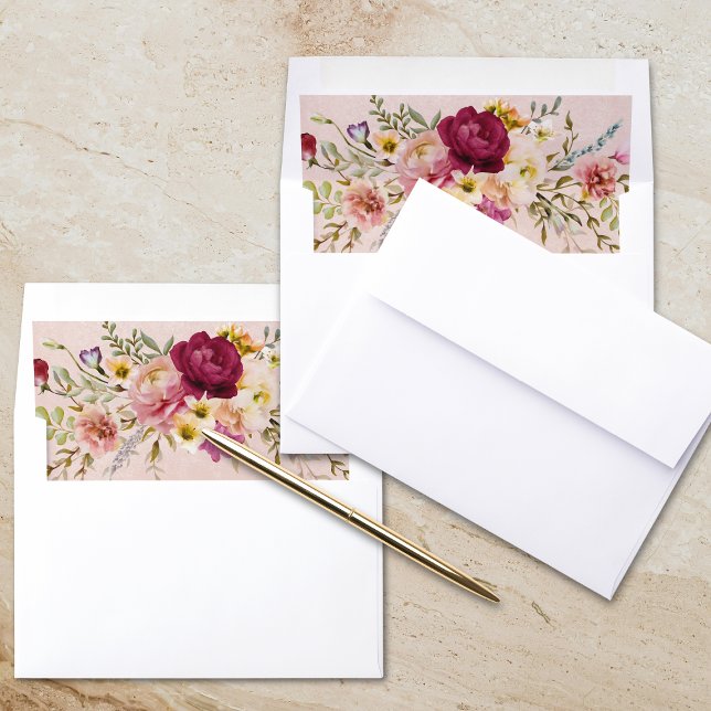 Romantic Burgundy Blush Floral Garden Wedding Envelope Liner (Romantic Burgundy Blush Floral Garden Wedding Envelope Liner)