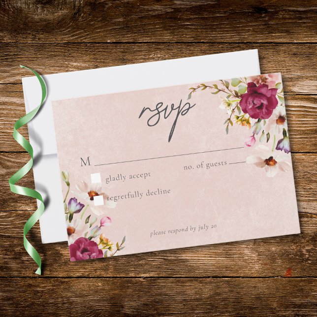 Romantic Burgundy Blush Floral Garden Wedding RSVP Card (Romantic Burgundy Blush Floral Garden Wedding RSVP Card)