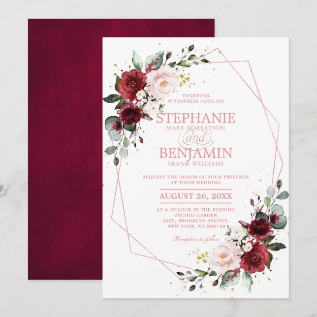 Romantic Burgundy Blush Floral Rose Gold Geometric Invitation (Front/Back)
