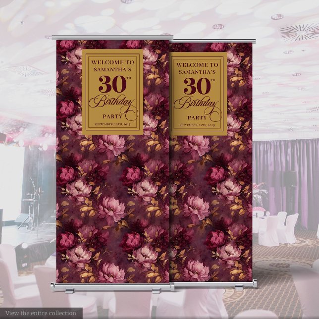 Romantic Burgundy Blush Gold 30th Birthday Event  Retractable Banner (Romantic Burgundy Blush Gold 30th Birthday Event Retractable Banner )