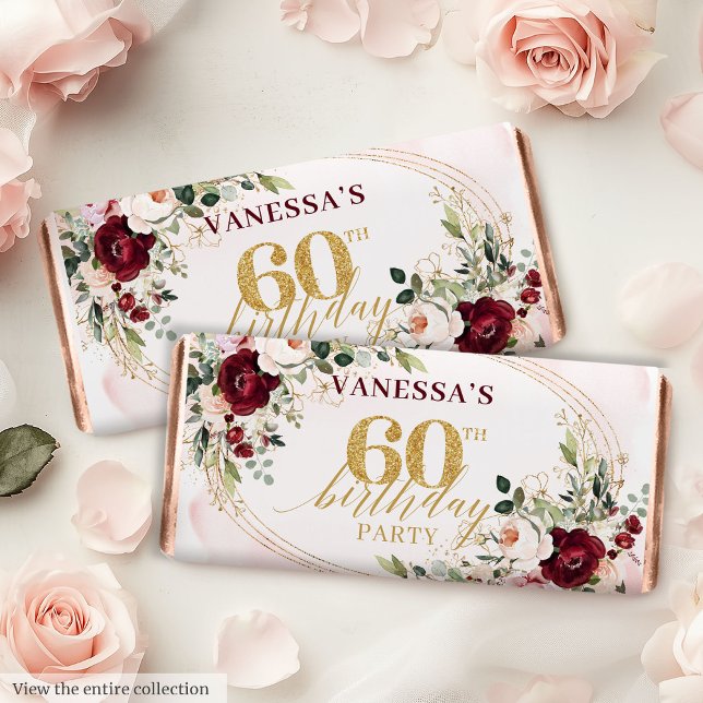 Romantic Burgundy Blush Gold Floral 60th Birthday  Hershey's Miniatures (Romantic Burgundy Blush Gold Floral 60th Birthday Favor)