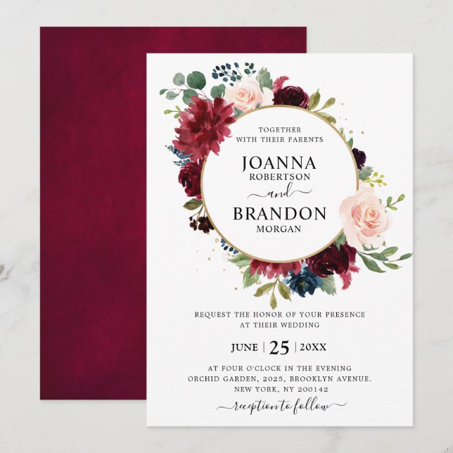 Romantic Burgundy Blush Navy Blue Floral Wedding Invitation (Front/Back)