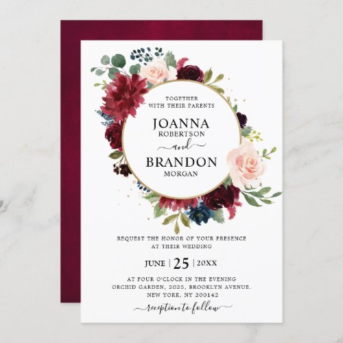 Romantic Burgundy Blush Navy Blue Floral Wedding Invitation