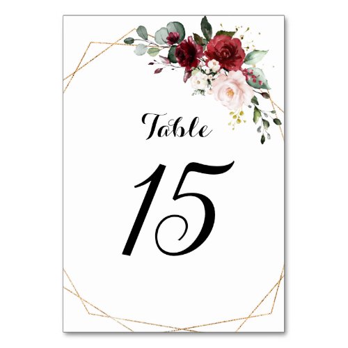 Romantic Burgundy Blush Pink Floral Geometric Table Number