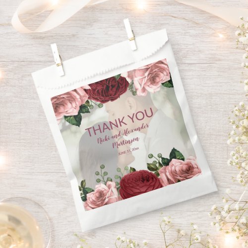 Romantic Burgundy Blush Pink Floral Photo Wedding  Favor Bag