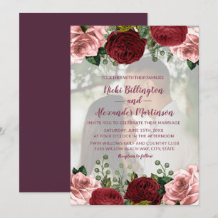 Romantic Burgundy Blush Pink Floral Photo Wedding Invitation