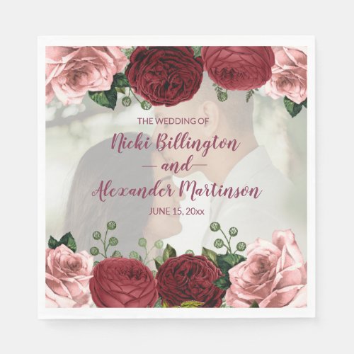 Romantic Burgundy Blush Pink Floral Photo Wedding Napkins