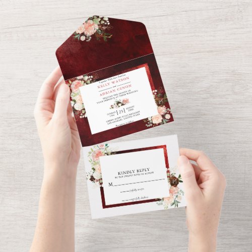 Romantic burgundy Blush Pink floral Rustic Wedding All In One Invitation