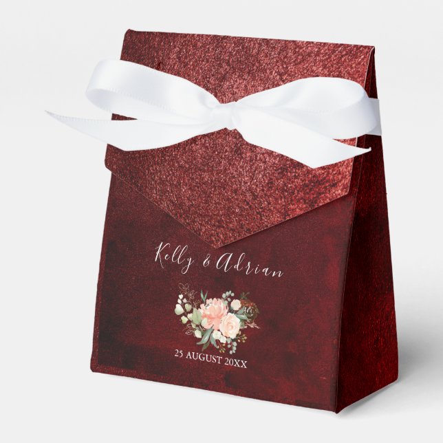 Romantic Burgundy Blush Pink Floral Rustic Wedding Favor Boxes (Front Side)
