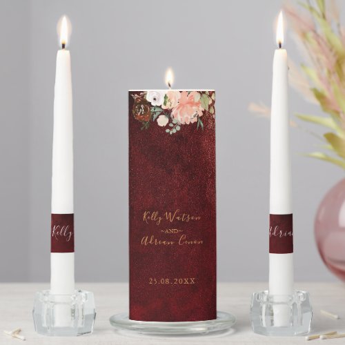 Romantic Burgundy Blush Pink Floral Rustic Wedding Unity Candle Set