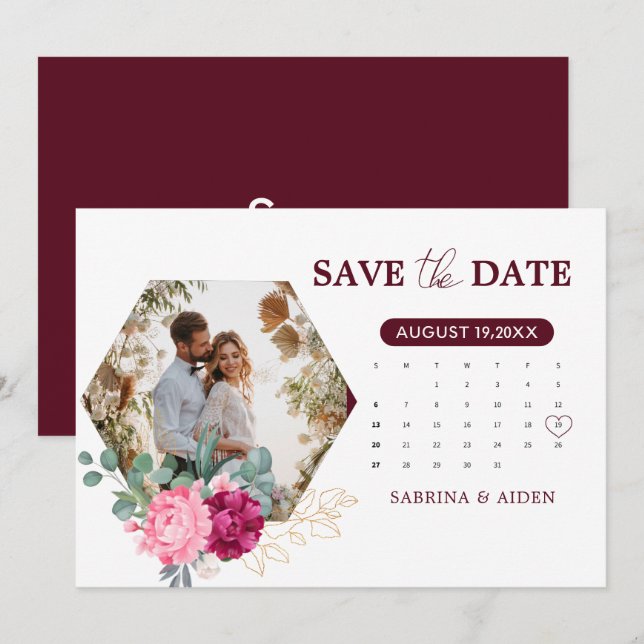 Romantic Burgundy Blush Pink Floral Save The Date (Front/Back)