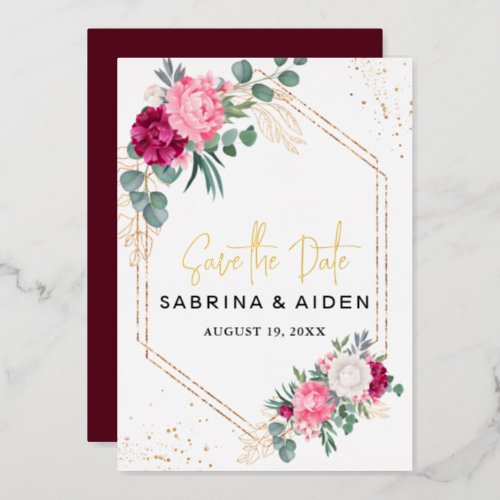 Romantic Burgundy Blush Pink Floral Save The Date Foil Invitation