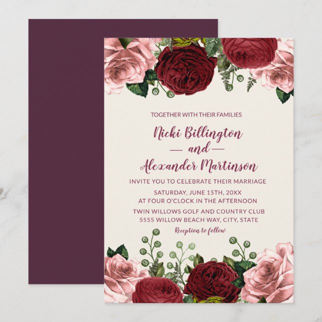 Romantic Burgundy Blush Pink Floral Wedding Invitation (Front/Back)
