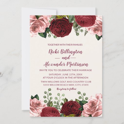 Romantic Burgundy Blush Pink Floral Wedding Invitation | Zazzle